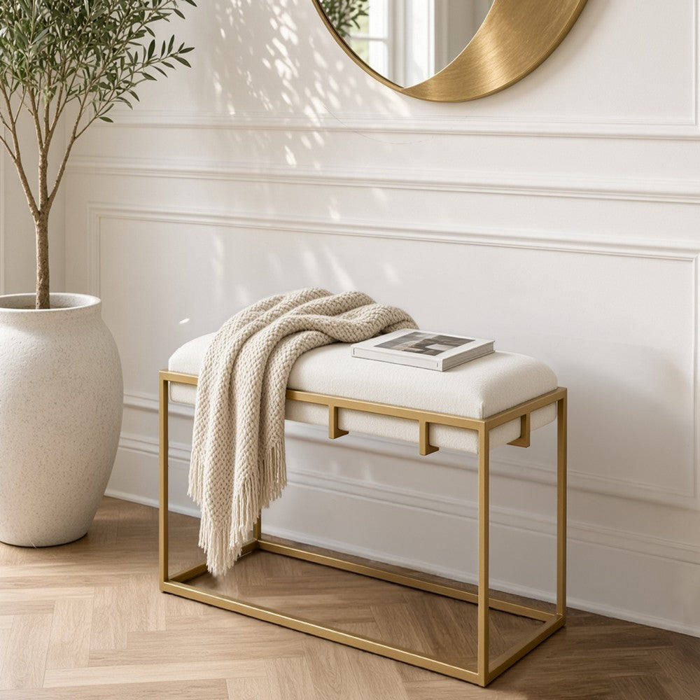 Syna 24 Inch Modern Ottoman Bench, Glam Gold Metal Frame, Off White Boucle Upholstered Seat - UPT-354401