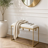 Syna 24 Inch Modern Ottoman Bench, Glam Gold Metal Frame, Off White Boucle Upholstered Seat - UPT-354401