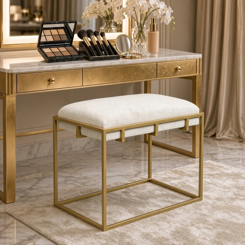 Syna 24 Inch Modern Ottoman Bench, Glam Gold Metal Frame, Off White Boucle Upholstered Seat - UPT-354401