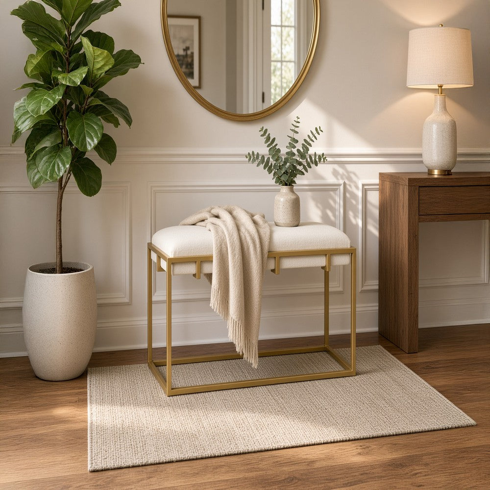 Syna 24 Inch Modern Ottoman Bench, Glam Gold Metal Frame, Off White Boucle Upholstered Seat - UPT-354401
