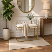 Syna 24 Inch Modern Ottoman Bench, Glam Gold Metal Frame, Off White Boucle Upholstered Seat - UPT-354401