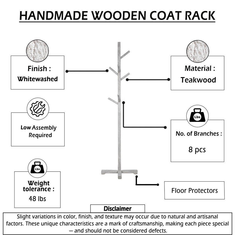 Hiya Freestanding Hat, Coat Rack, 8 Branch Hooks, Whitewash Teakwood, 72 Inch - UPT-355834