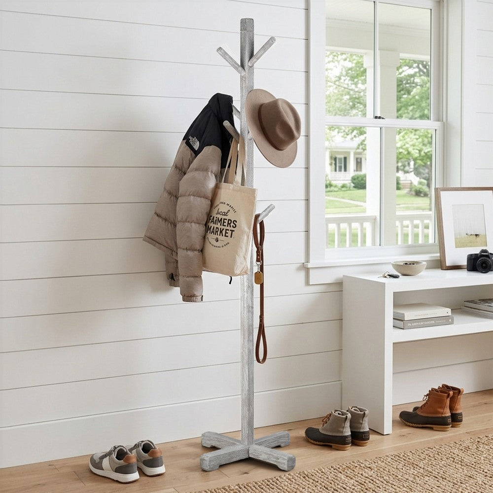 Hiya Freestanding Hat, Coat Rack, 8 Branch Hooks, Whitewash Teakwood, 72 Inch - UPT-355834