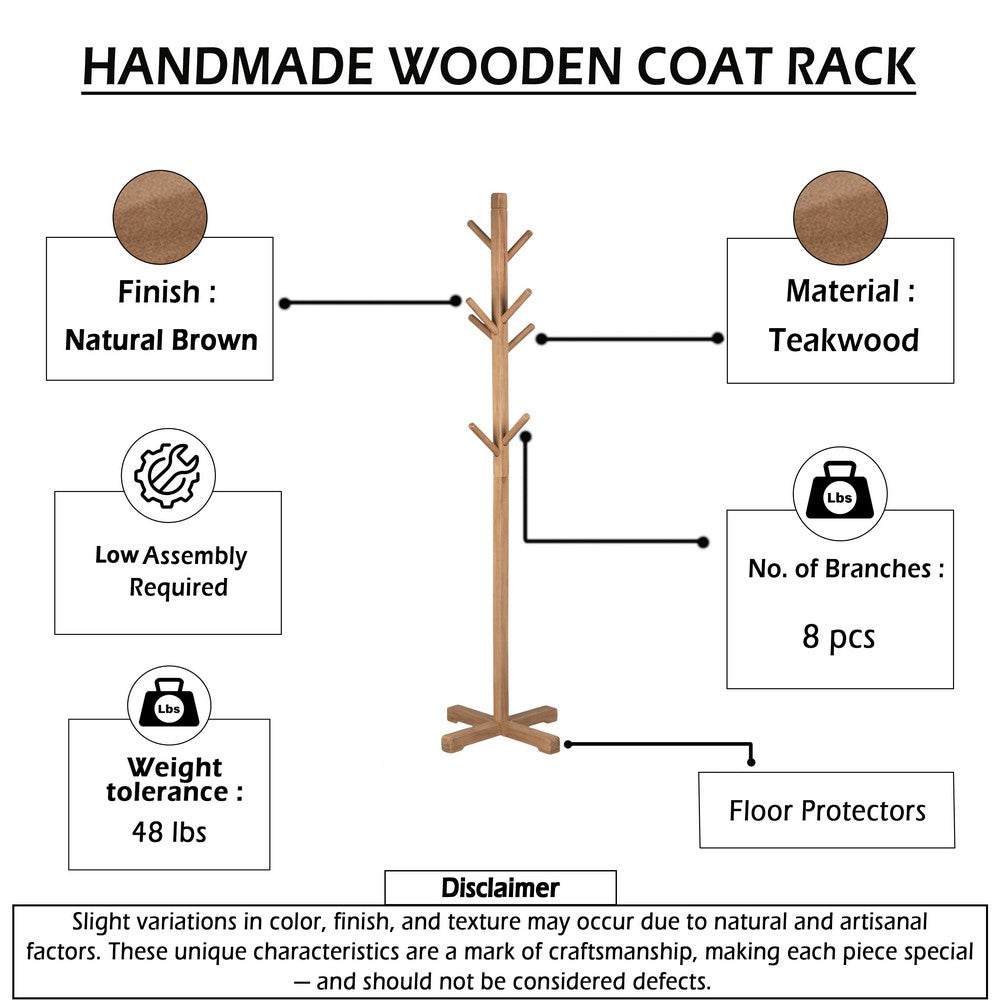 Hiya Freestanding Hat, Coat Rack, 8 Branch Hooks, Natural Brown Teakwood, 72 Inch - UPT-355835