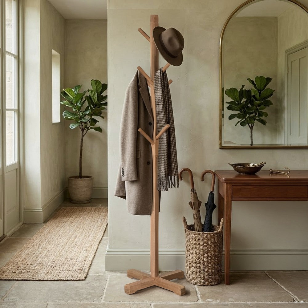 Hiya Freestanding Hat, Coat Rack, 8 Branch Hooks, Natural Brown Teakwood, 72 Inch - UPT-355835