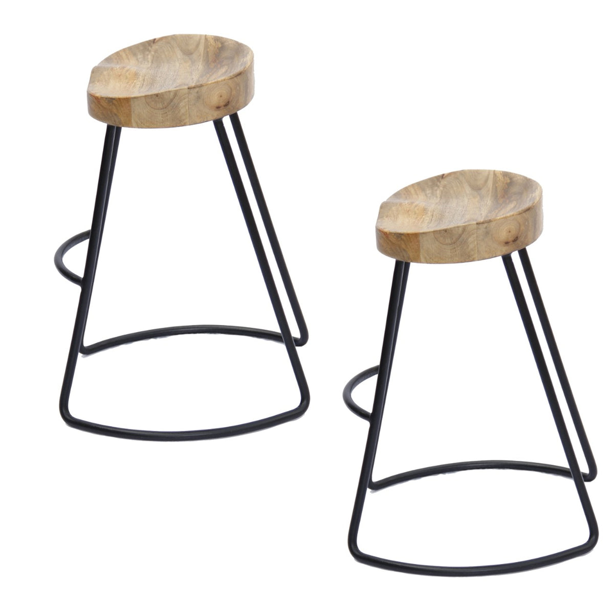 Ela 30 Inch Mango Wood Industrial Barstool, Saddle Seat, Iron Frame, Set of 2, Brown, Black - UPT-37900-2