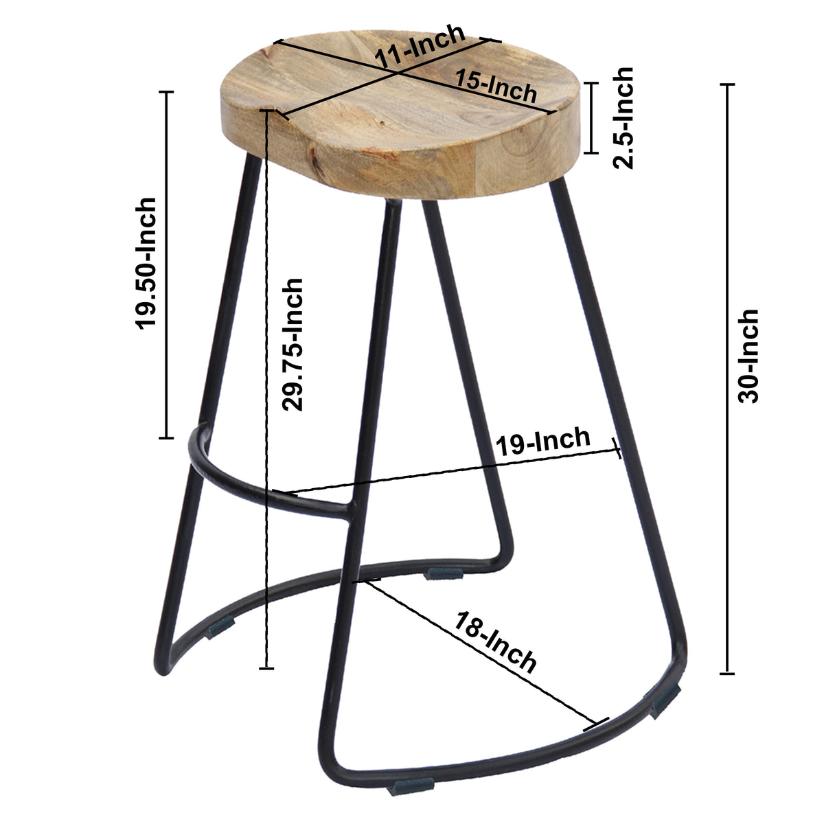 Ela 30 Inch Mango Wood Industrial Barstool, Saddle Seat, Iron Frame, Set of 2, Brown, Black - UPT-37900-2