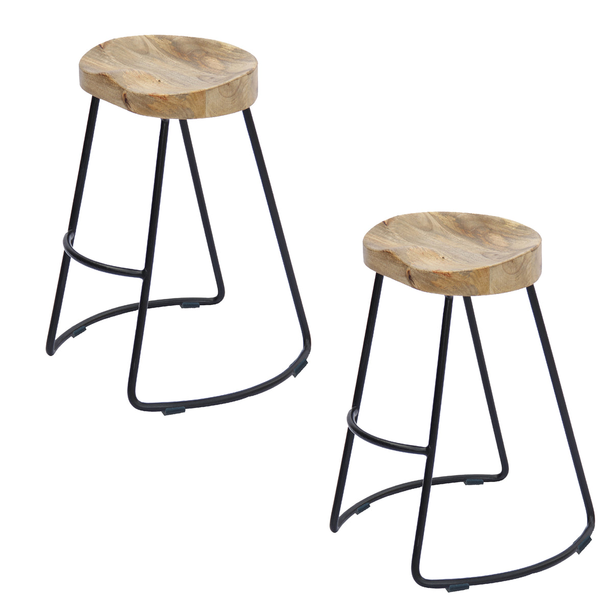 Ela 30 Inch Mango Wood Industrial Barstool, Saddle Seat, Iron Frame, Set of 2, Brown, Black - UPT-37900-2