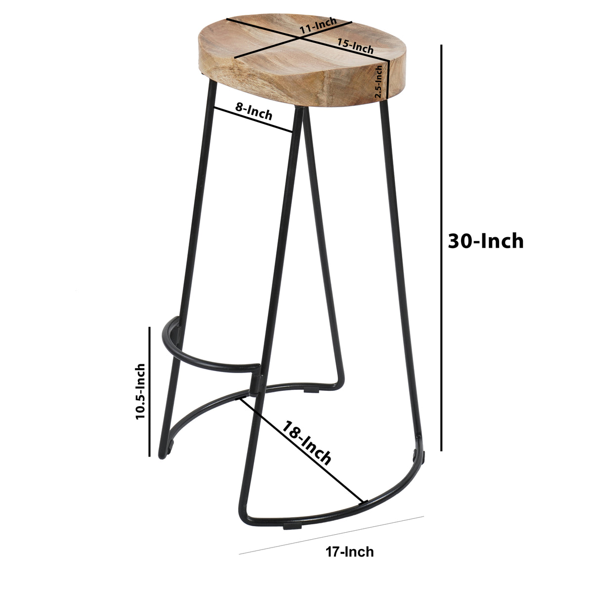 30 Inch Handcrafted Backless Counter Height Barstool, Natural Brown Mango Wood Saddle Seat, Black Iron Base- UPT-37900-F