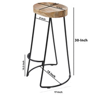 30 Inch Handcrafted Backless Counter Height Barstool, Natural Brown Mango Wood Saddle Seat, Black Iron Base- UPT-37900-F