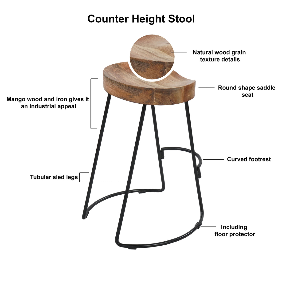 30 Inch Handcrafted Backless Counter Height Barstool, Natural Brown Mango Wood Saddle Seat, Black Iron Base- UPT-37900-F