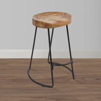 30 Inch Handcrafted Backless Counter Height Barstool, Natural Brown Mango Wood Saddle Seat, Black Iron Base- UPT-37900-F