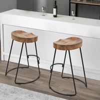 30 Inch Handcrafted Backless Counter Height Barstool, Natural Brown Mango Wood Saddle Seat, Black Iron Base- UPT-37900-F