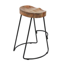 30 Inch Handcrafted Backless Counter Height Barstool, Natural Brown Mango Wood Saddle Seat, Black Iron Base- UPT-37900-F