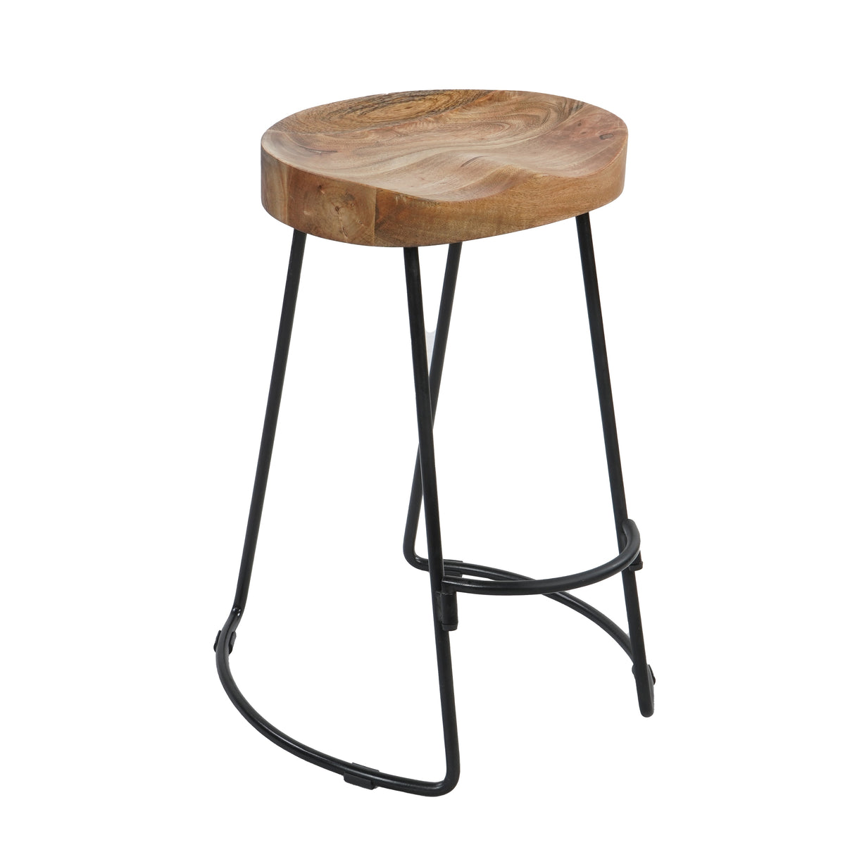 30 Inch Handcrafted Backless Counter Height Barstool, Natural Brown Mango Wood Saddle Seat, Black Iron Base- UPT-37900-F