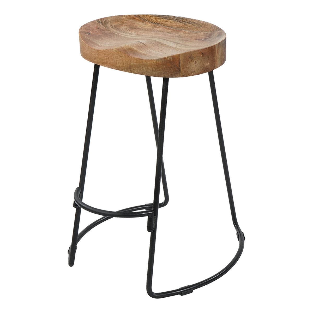 30 Inch Handcrafted Backless Counter Height Barstool, Natural Brown Mango Wood Saddle Seat, Black Iron Base- UPT-37900-F