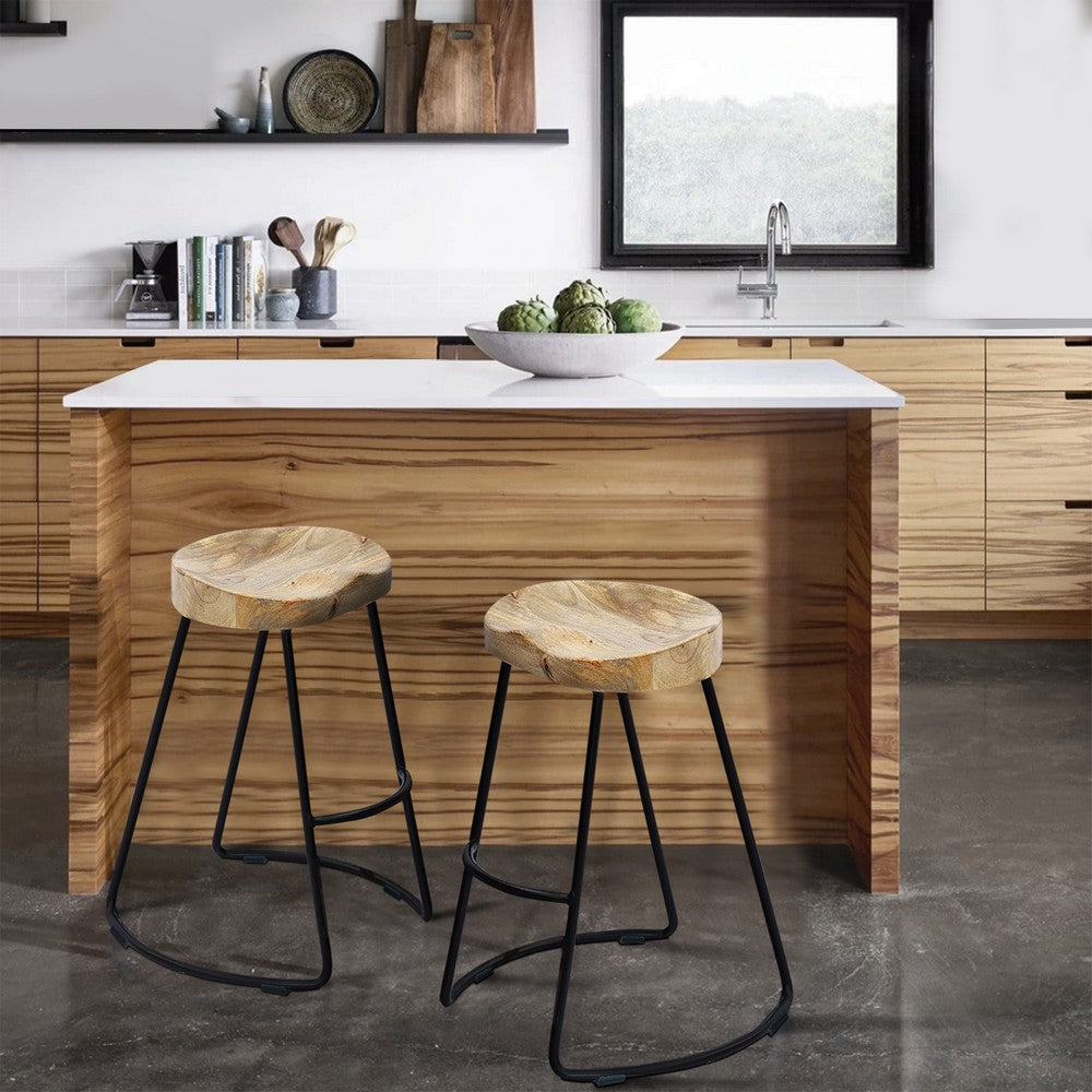 Wooden Saddle Seat Barstool with Metal Legs, Large, Brown and Black - UPT-37900