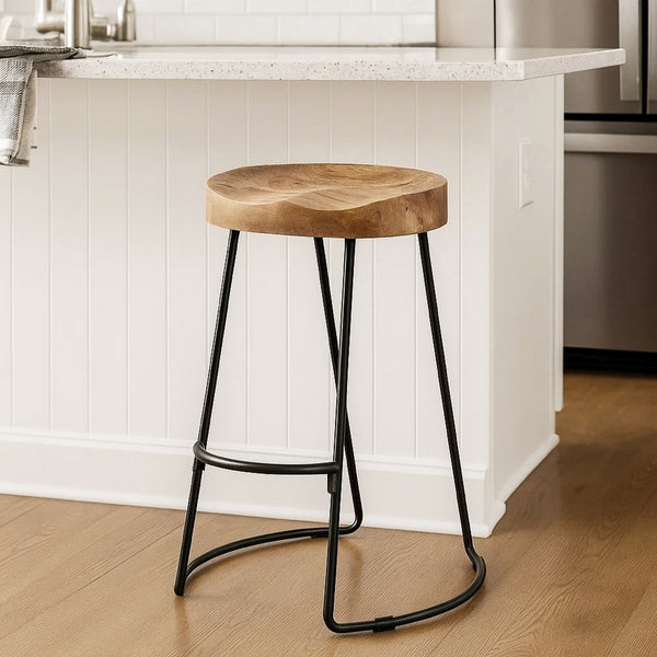 Wooden Saddle Seat Barstool with Metal Legs, Large, Brown and Black - UPT-37900