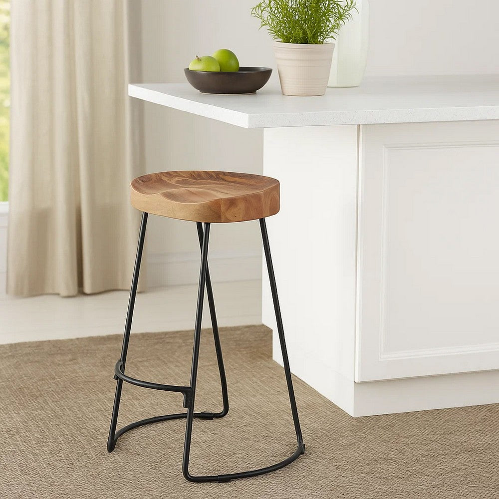 Wooden Saddle Seat Barstool with Metal Legs, Large, Brown and Black - UPT-37900