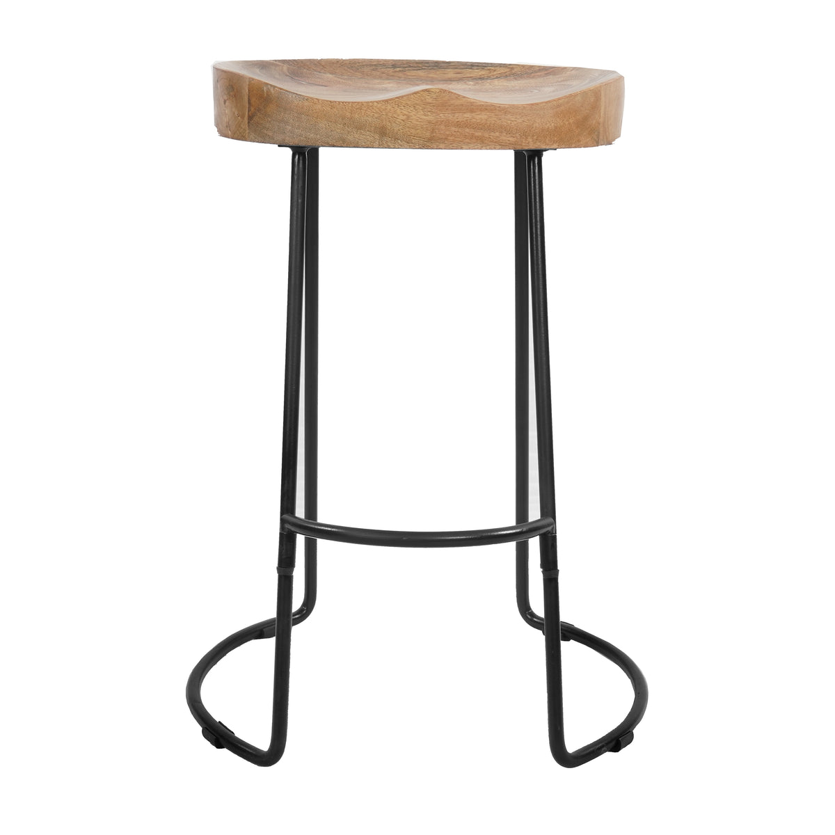 Ela 24 Inch Mango Wood Industrial Counter Height Stool, Saddle Seat, Iron, Set of 2, Brown, Black - UPT-37910-2