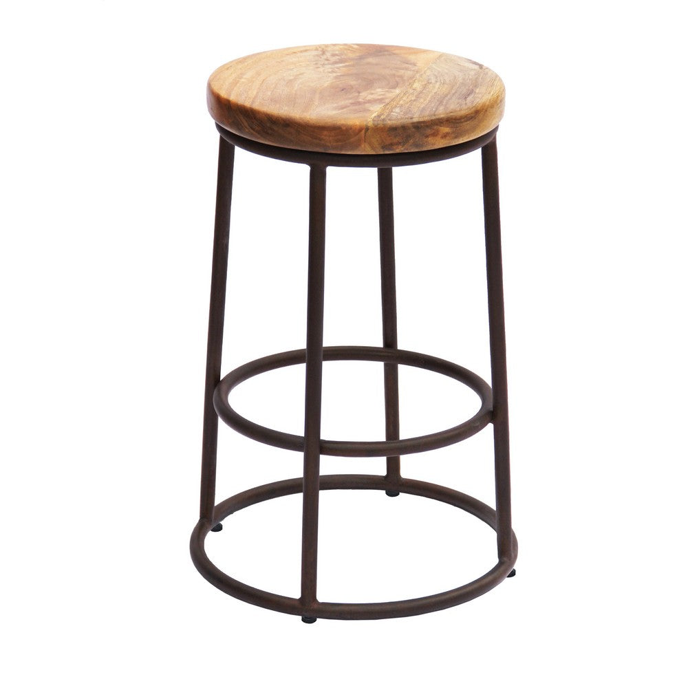 24 Inch Mango Wood Counter Height Barstool With Iron Base, Brown And Black - UPTâ€636038472