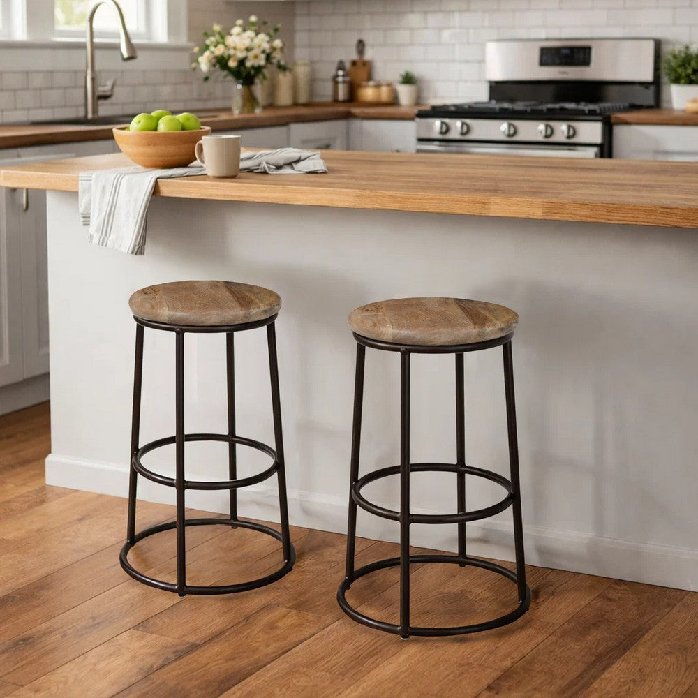 24 Inch Mango Wood Counter Height Barstool With Iron Base, Brown And Black - UPT-636038472