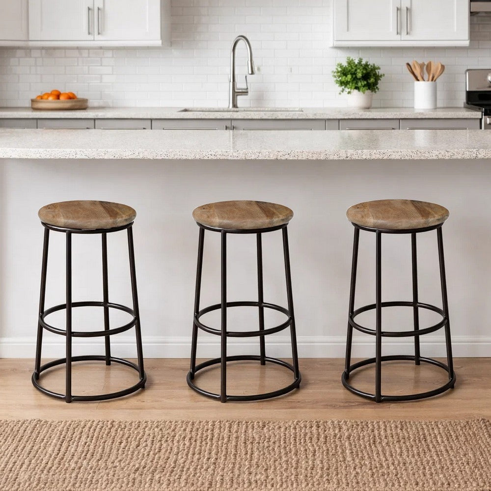 24 Inch Mango Wood Counter Height Barstool With Iron Base, Brown And Black - UPT-636038472