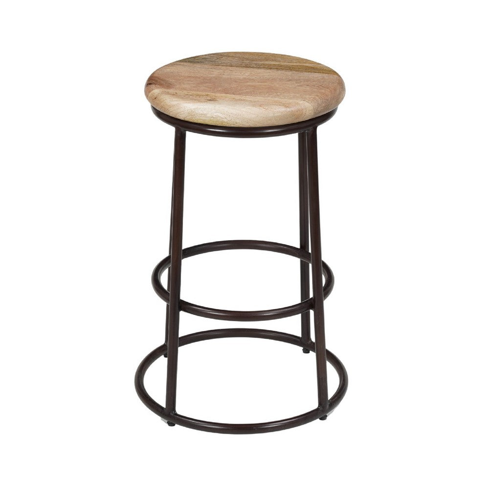 24 Inch Mango Wood Counter Height Barstool With Iron Base, Brown And Black - UPT-636038472