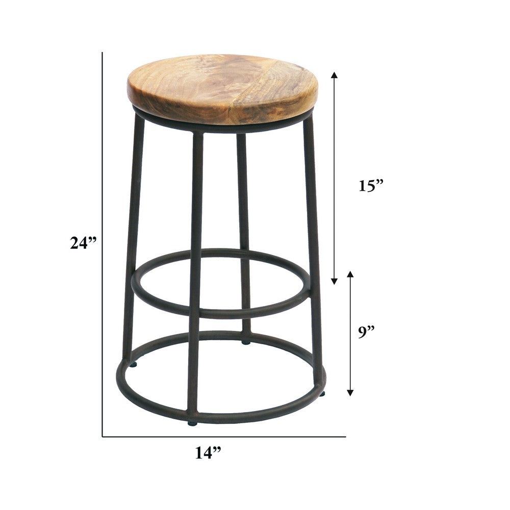 24 Inch Mango Wood Counter Height Barstool With Iron Base, Brown And Black - UPTâ€636038472