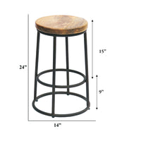 24 Inch Mango Wood Counter Height Barstool With Iron Base, Brown And Black - UPTâ€636038472