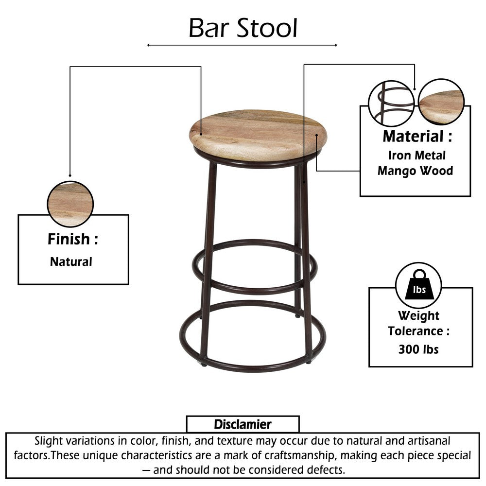 24 Inch Mango Wood Counter Height Barstool With Iron Base, Brown And Black - UPT-636038472
