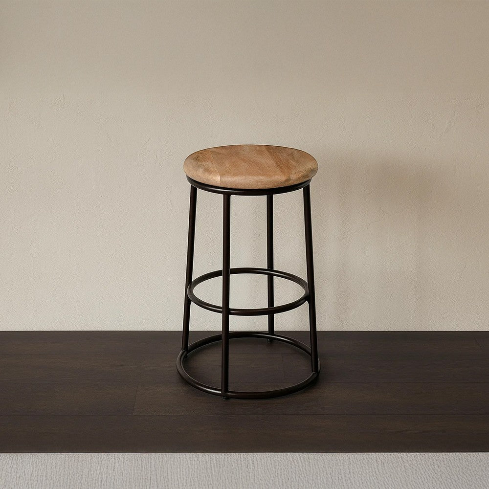 24 Inch Mango Wood Counter Height Barstool With Iron Base, Brown And Black - UPT-636038472