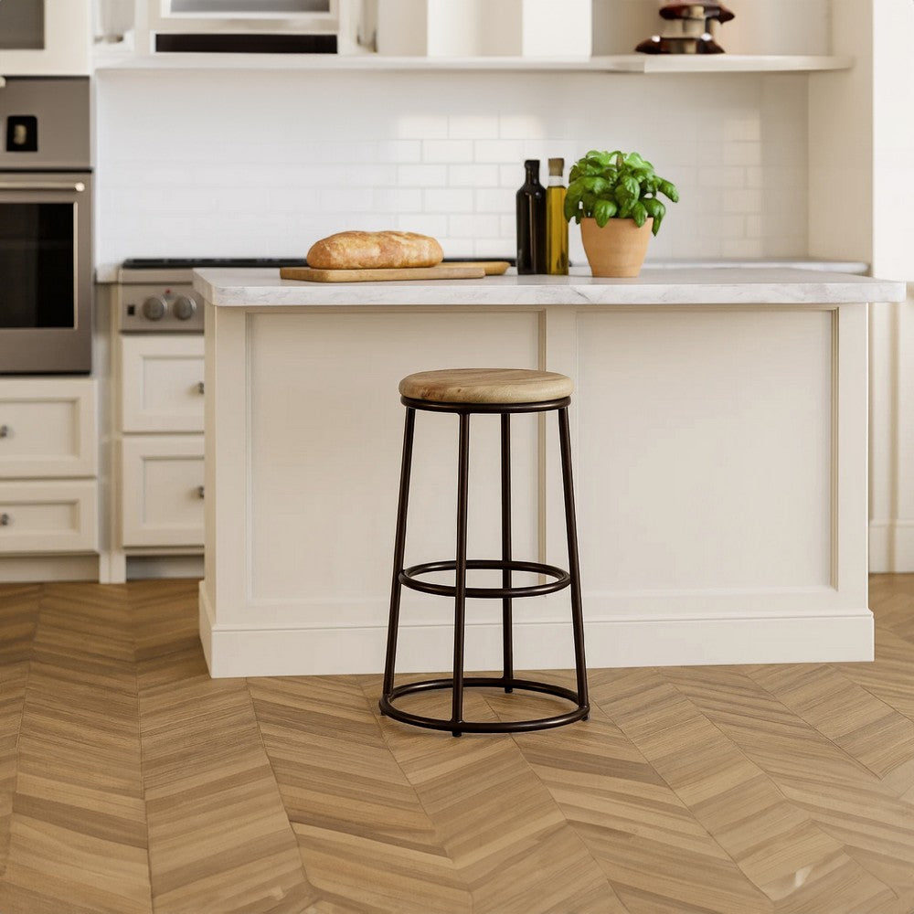 24 Inch Mango Wood Counter Height Barstool With Iron Base, Brown And Black - UPT-636038472