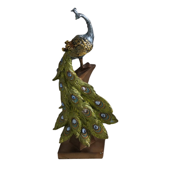 Polystone Decorative Peacock Figurine with Block Stand, Green and Gold - BM04276