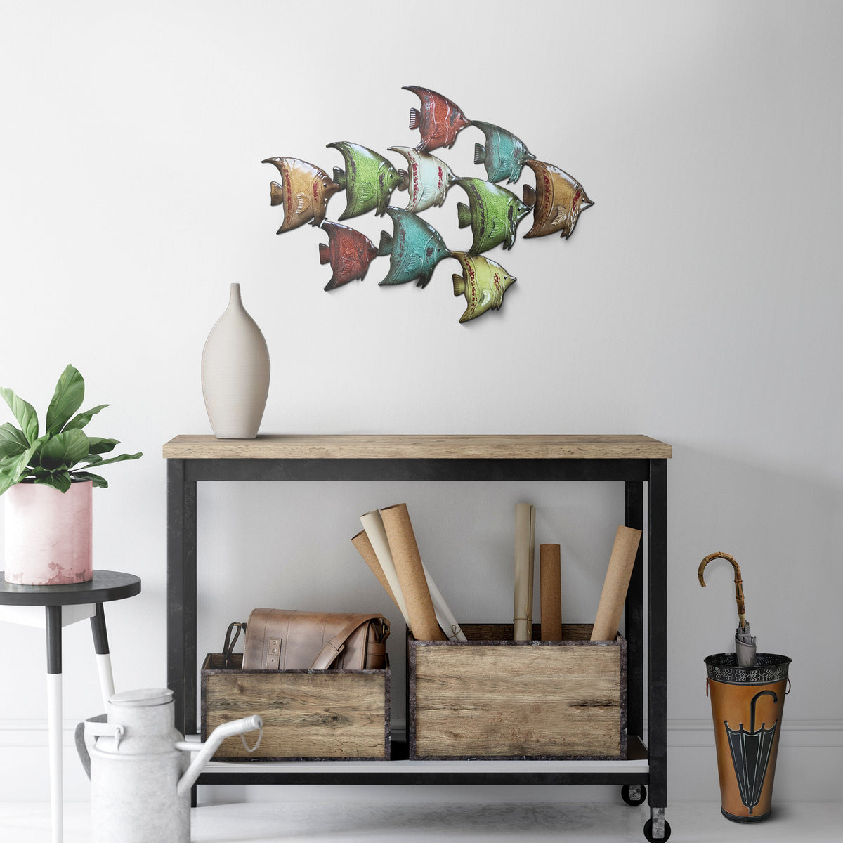 Benzara Three Dimensional Hanging Metal Fish Wall Art Decor, Multicolor -  BM05387