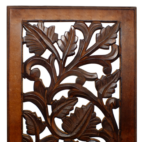Mango Wood Wall Panel Hand Crafted with Leaves and Scroll Work Motif, Brown - BM80949
