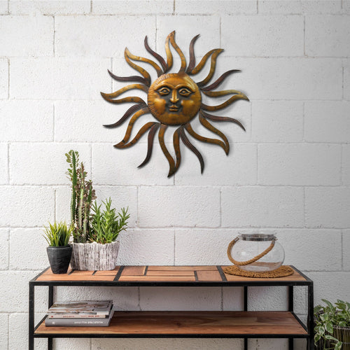 35 Inch Round Hanging Metal Sun Wall Art Decor with Facial Details, Bronze - BM07981