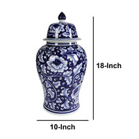 Floral Design Ginger Jar with Lid, Blue and White - BM145820