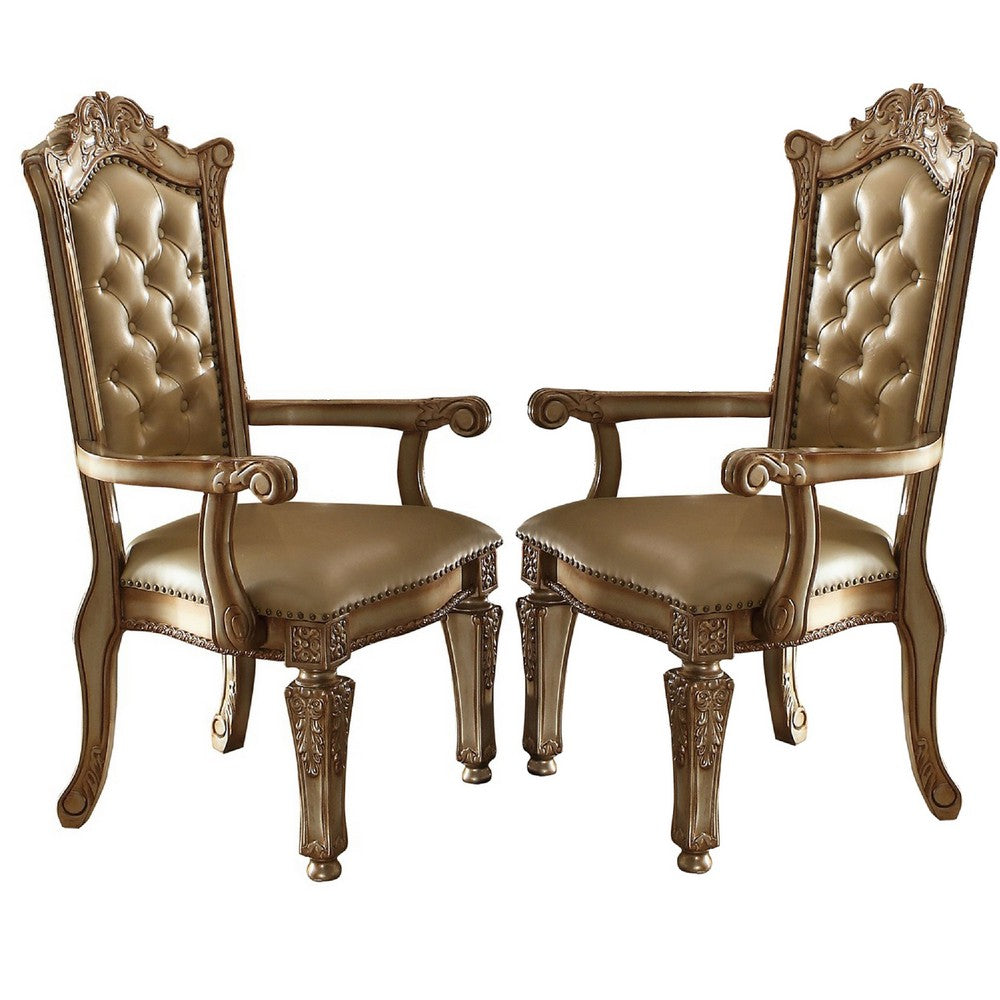 Button Tufted Side Chair with Carved Motifs, Set of 2, Gold - BM191304