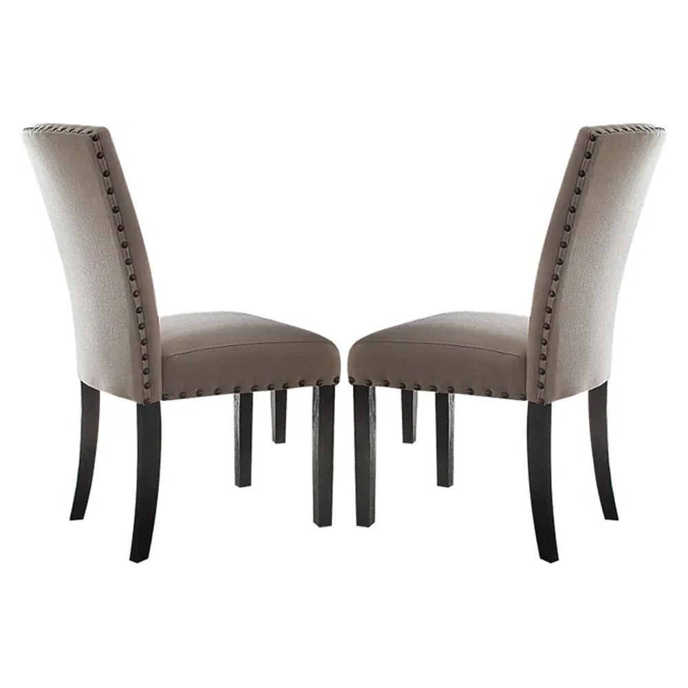 benzara BM186221 Nailhead Trim Fabric Upholstered Wooden Side Chair Set of 2 Beige and Brown