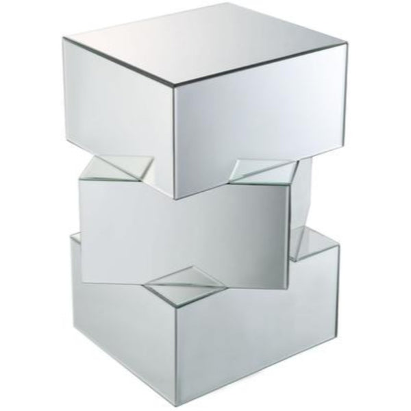 BM186250 Mirror and Glass End Table with Unique Geometrical Base Design, Silver