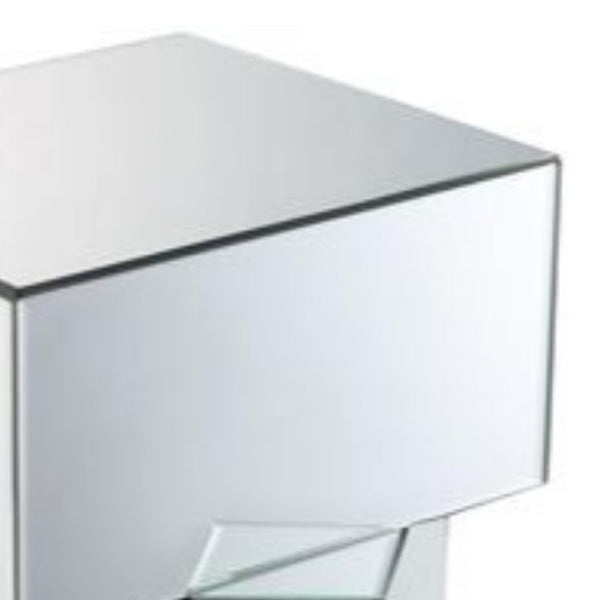 BM186250 Mirror and Glass End Table with Unique Geometrical Base Design, Silver