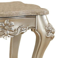 BM185780 Marble Top End Table With Flower Motif Engraved Angular Wood Feet, Silver