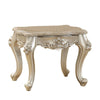 BM185780 Marble Top End Table With Flower Motif Engraved Angular Wood Feet, Silver