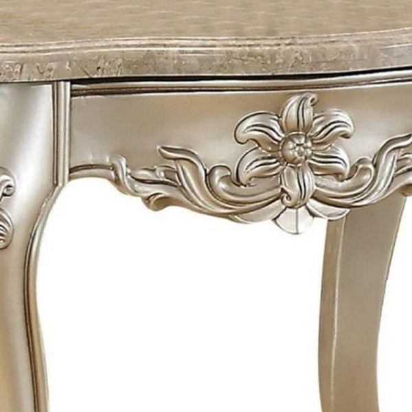 BM185780 Marble Top End Table With Flower Motif Engraved Angular Wood Feet, Silver