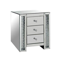 3 Drawer Mirrored Nightstand with Faux Crystals Inlay, Silver - BM154572