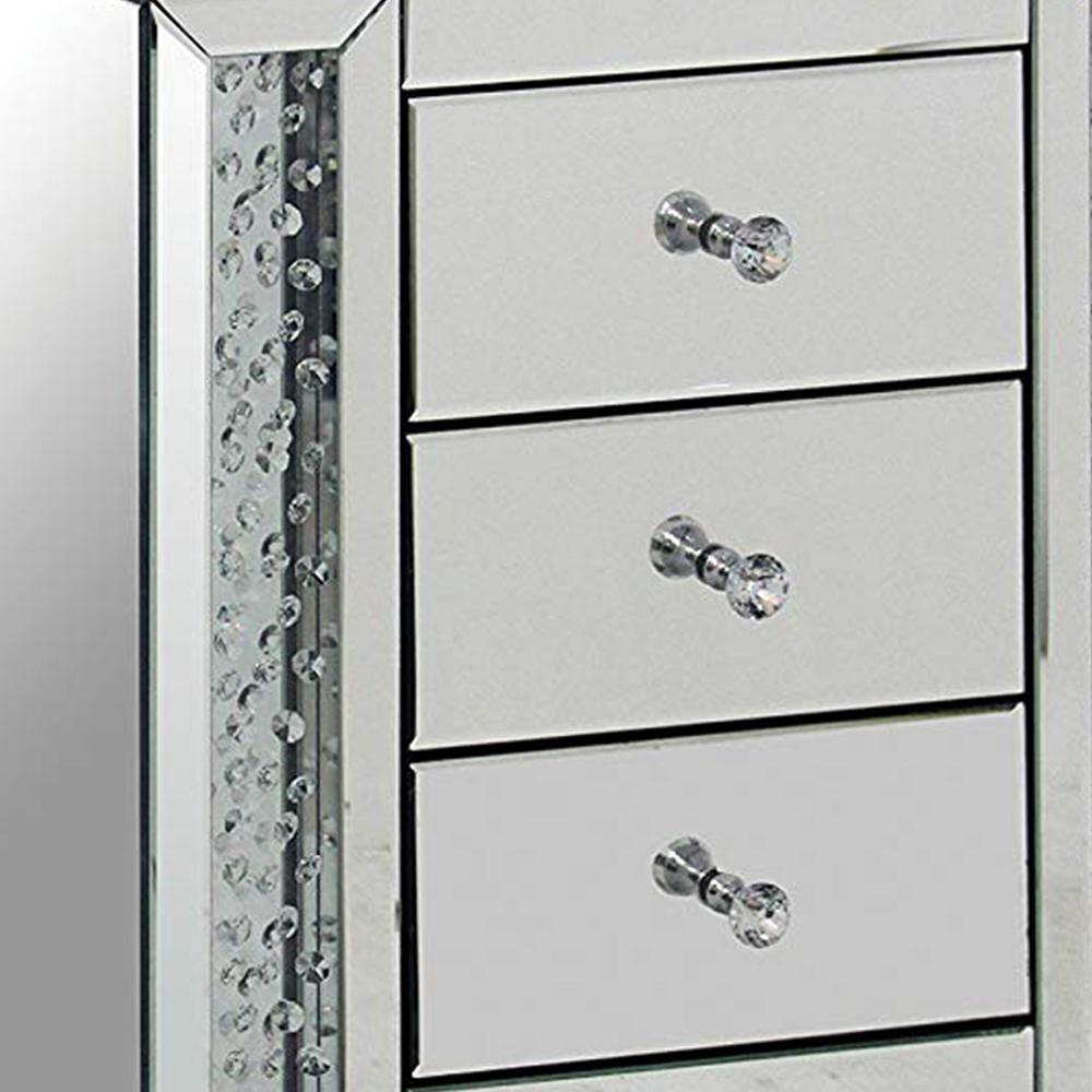 3 Drawer Mirrored Nightstand with Faux Crystals Inlay, Silver - BM154572