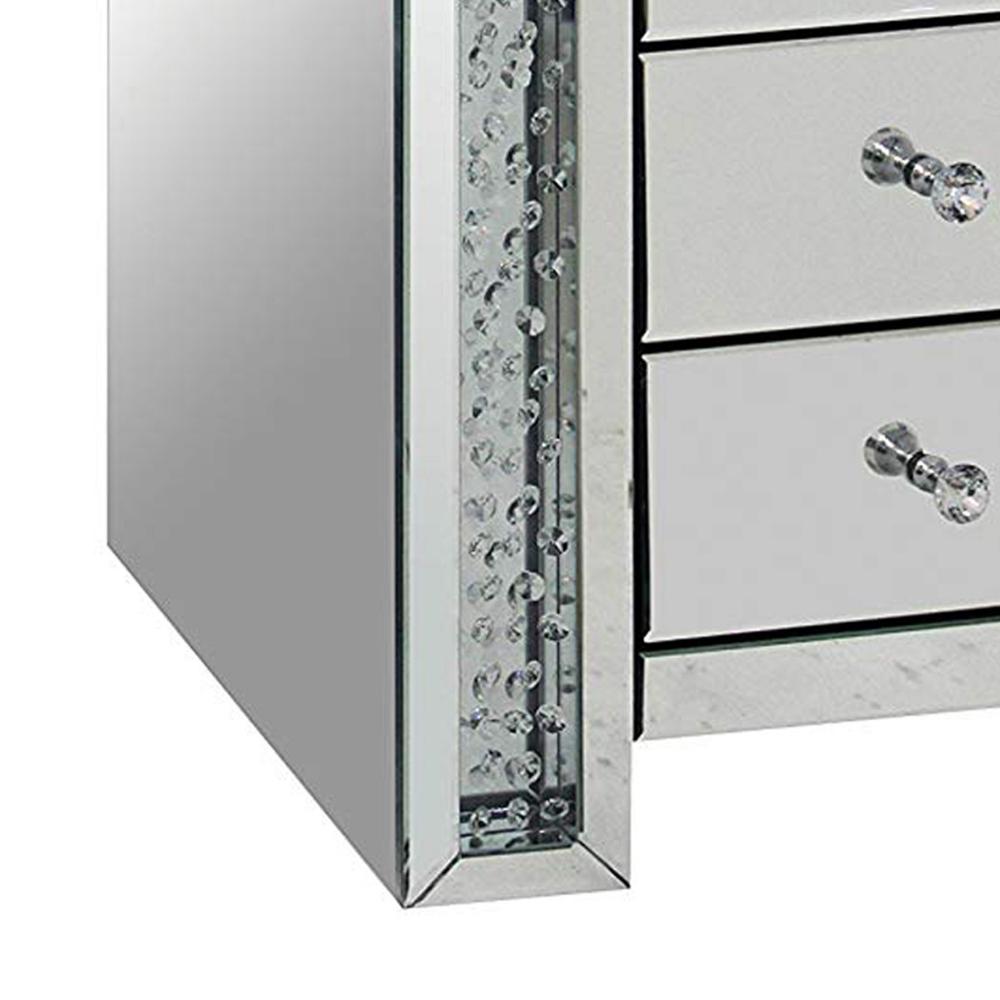 3 Drawer Mirrored Nightstand with Faux Crystals Inlay, Silver - BM154572