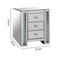 3 Drawer Mirrored Nightstand with Faux Crystals Inlay, Silver - BM154572