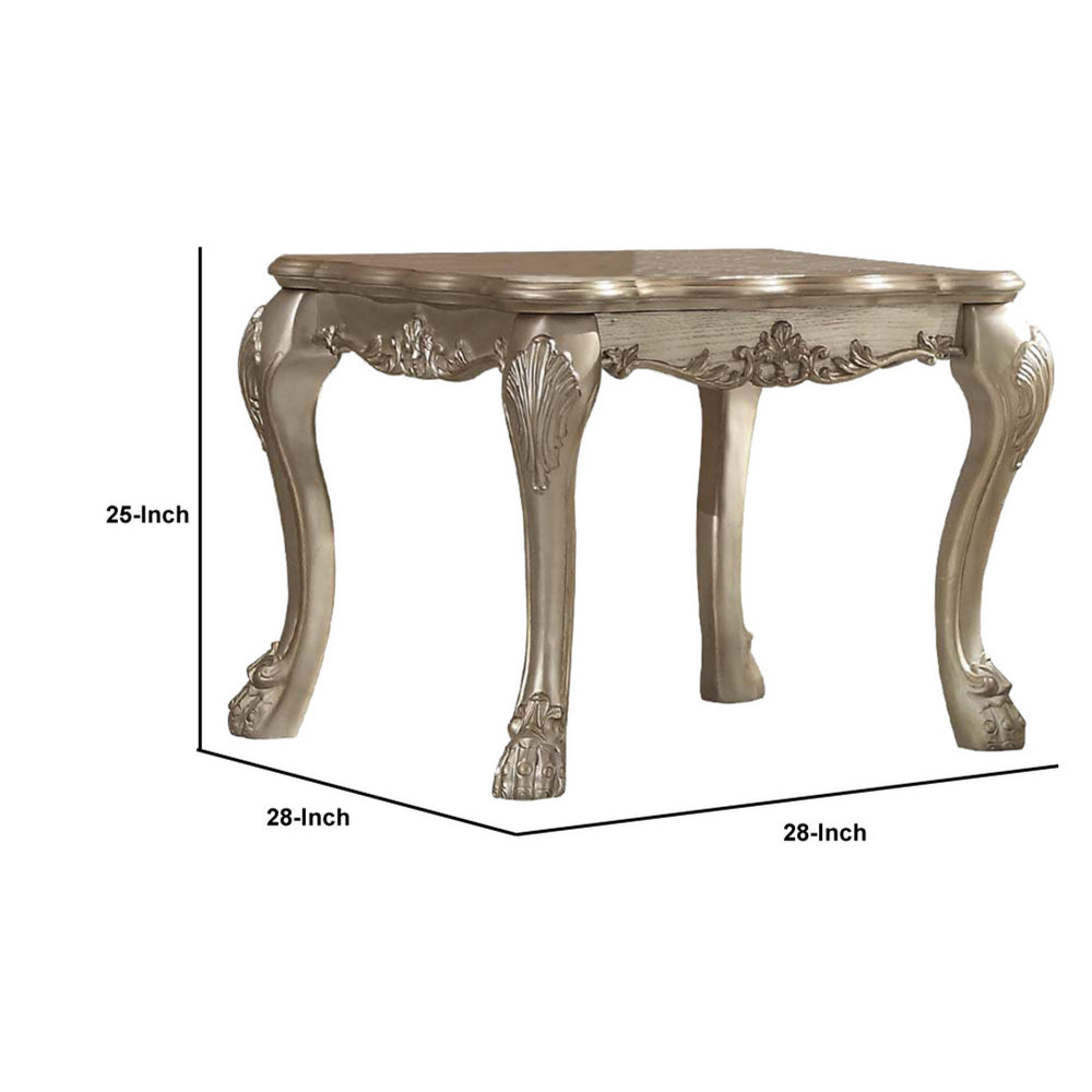 Wooden End Table with Claw Feet and Carved Intricate Motifs,Gold and Silver - BM177682